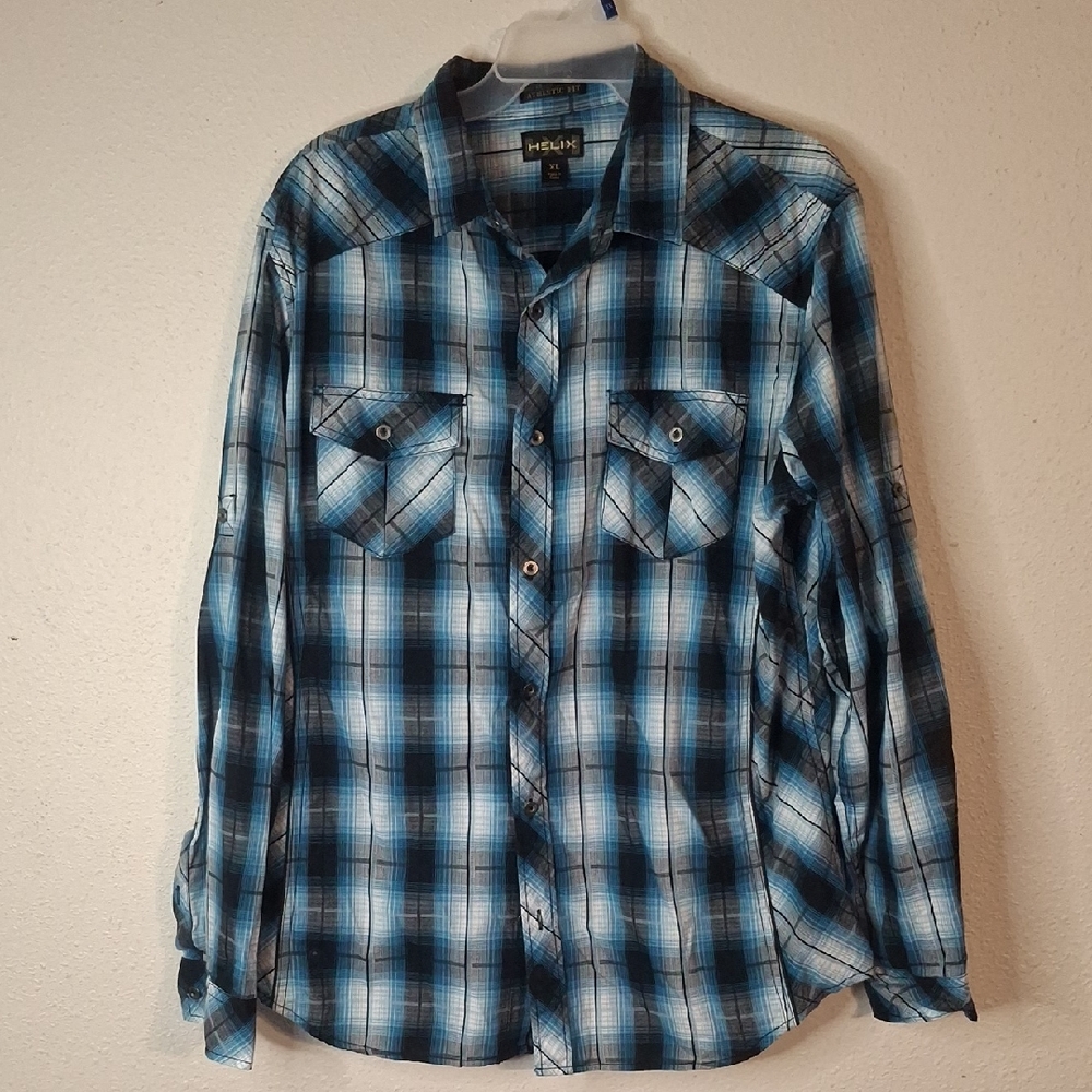 Helix Blue and White Plaid Casual Button Down Shirt